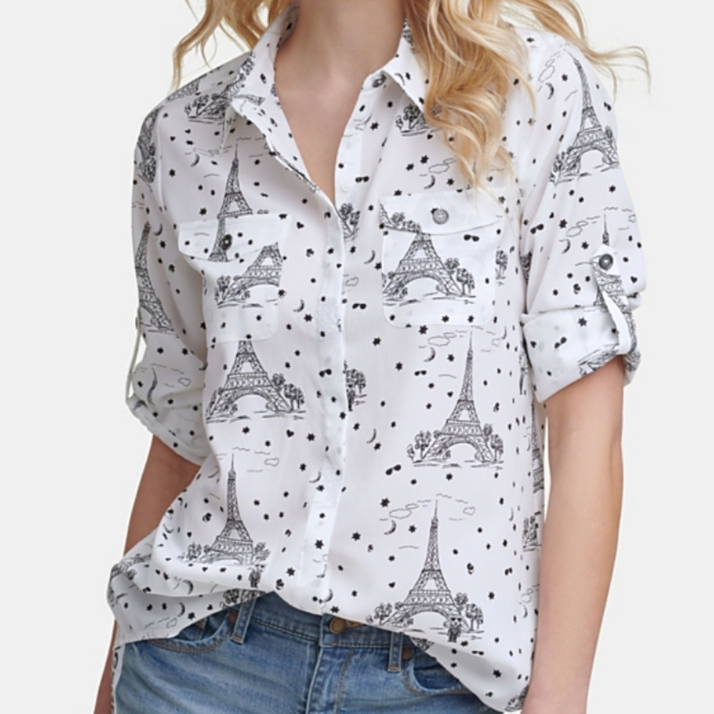 White Eiffel Tower Print Women's Top